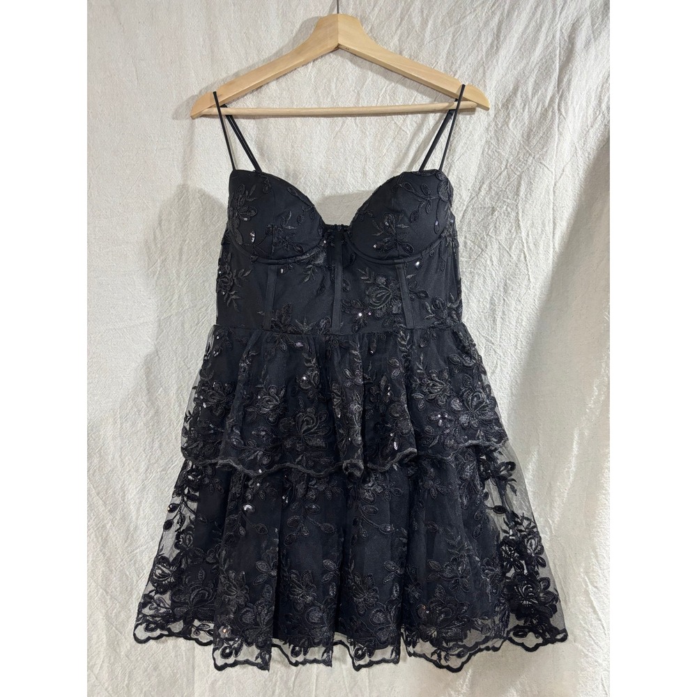 Windsor Black Sequin Floral Embroidered Corset Tiered Mini Dress STR1000WD-TS M